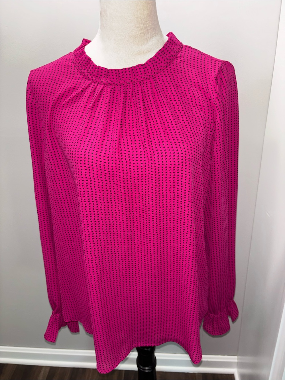 Adrianna Papell Fuchsia Dotted Ruffle-Neck Blouse - Picture 3 of 5